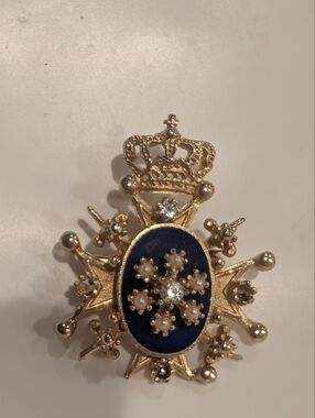 Coro Gold Tone Crown & Navy Blue Faux Pearl Cross Brooch Diy